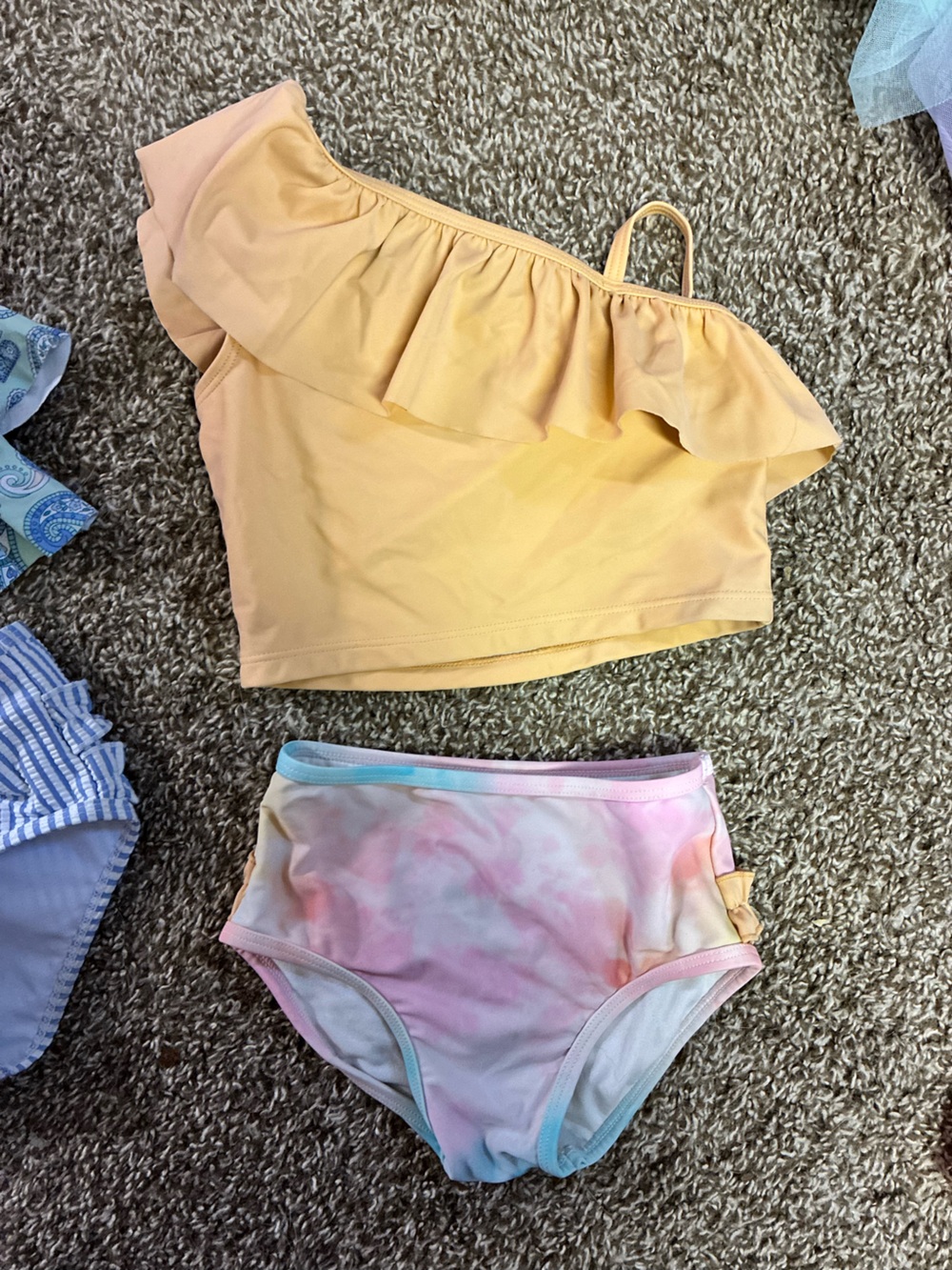 Ruffle Butts Yellow Ruffle One-Shoulder Swim Top with Pastel Tie-Dye Bottoms